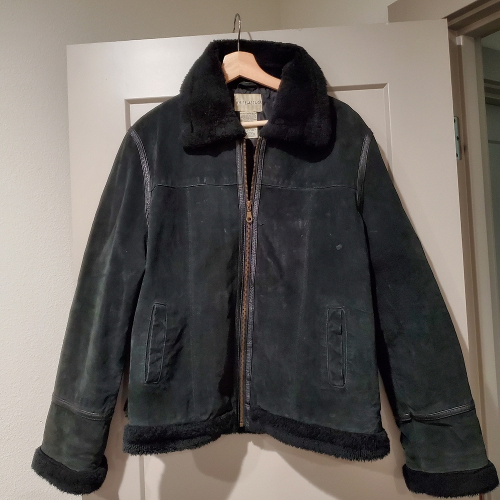 Vintage White Stag Leather jacket with fleece collar